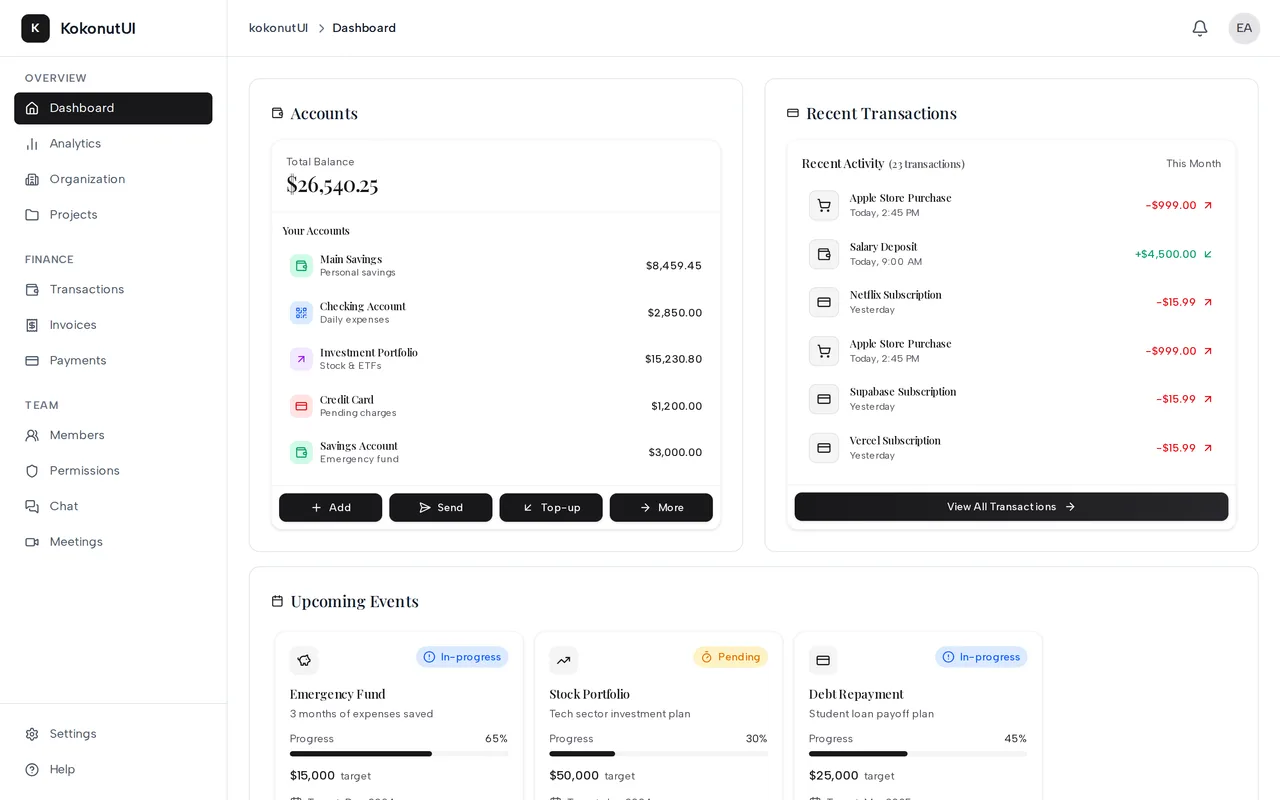 KokonutUI Finance Dashboard preview